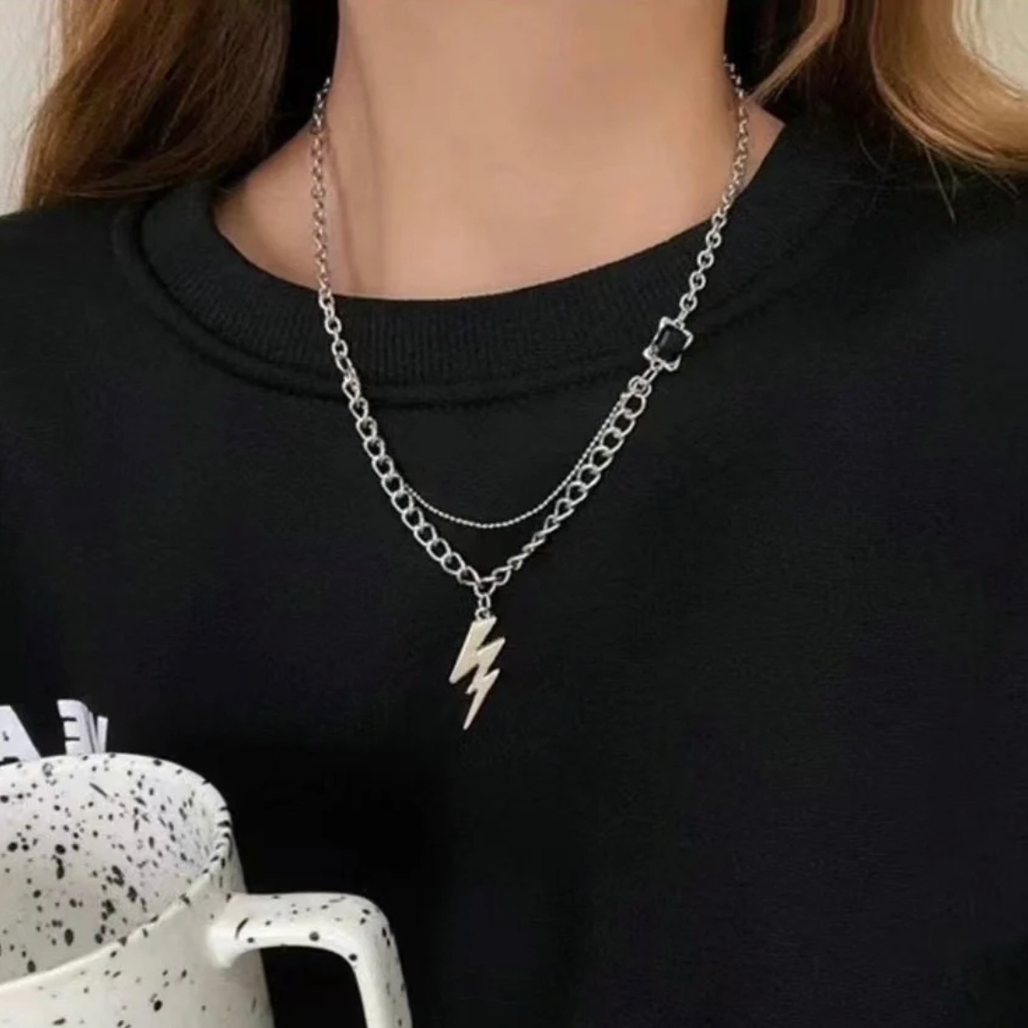 Lightning Bolt Pendant Necklace | Trendy Silver Layered Chain Necklace for Women | Minimalist Stainless Steel Jewelry Gift TASARA