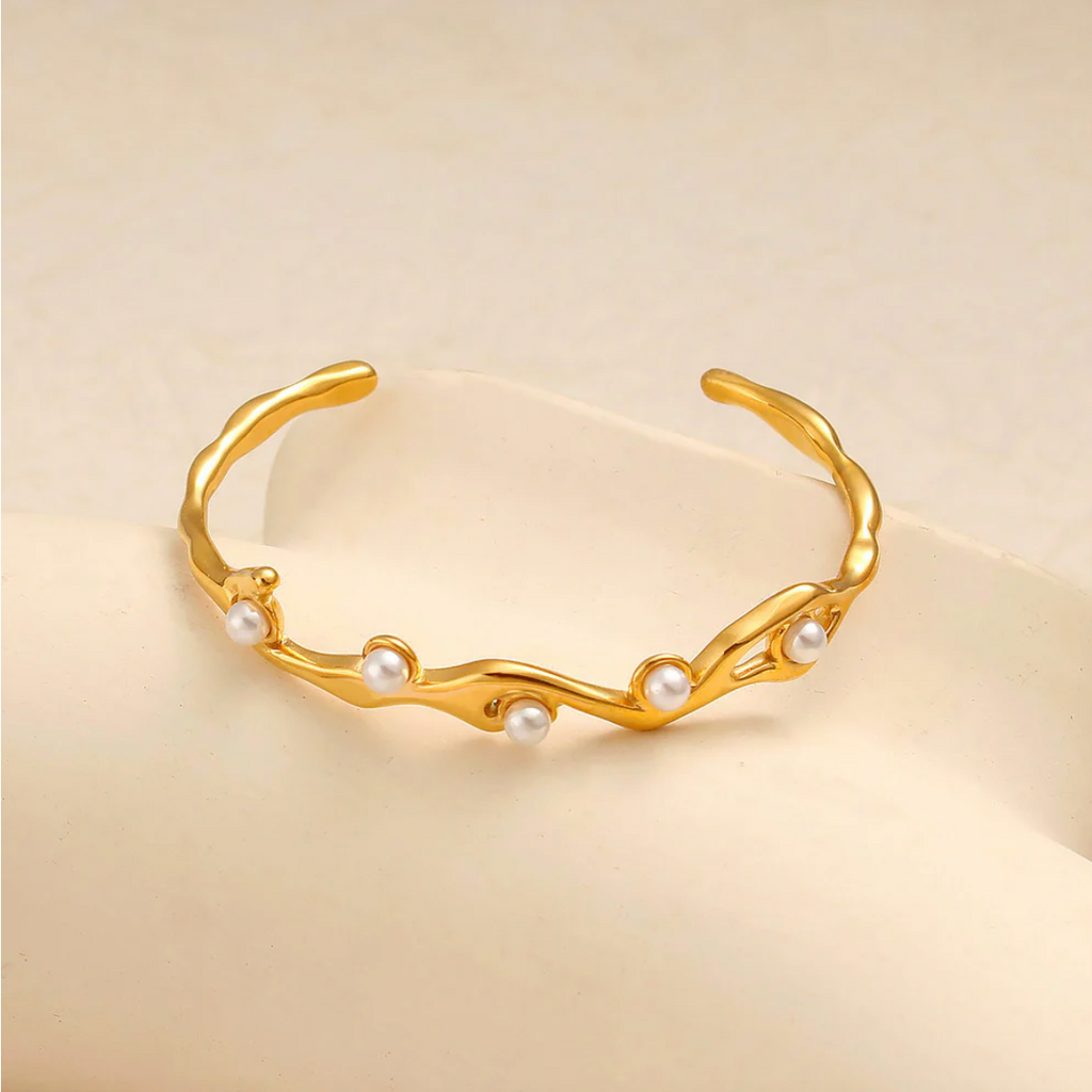 Gold Pearl Cuff Bracelet | Minimalist Open Bangle for Women | Elegant Stainless Steel Bracelet TASARA