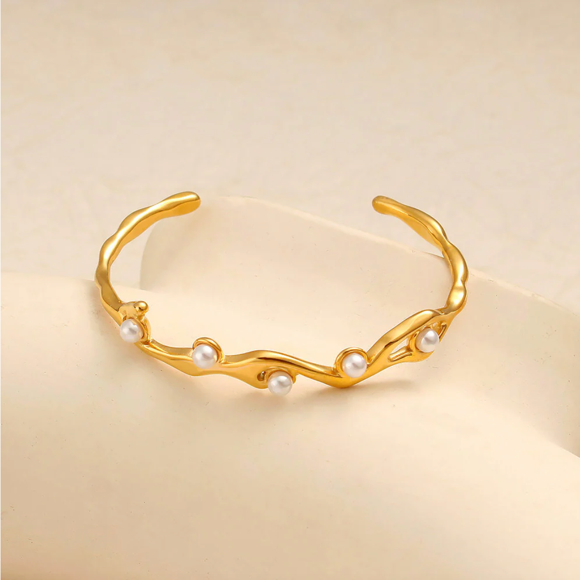 Gold Pearl Cuff Bracelet | Minimalist Open Bangle for Women | Elegant Stainless Steel Bracelet TASARA