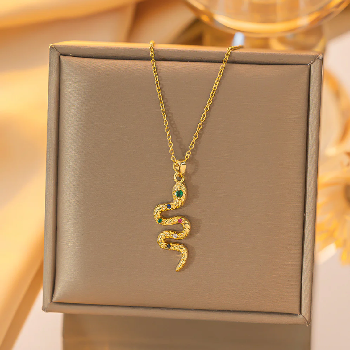 Gold Snake Necklace with Colorful Crystal Pendant | Trendy Serpent Necklace TASARA