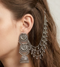 Vintage Oxidized Jhumka Ear Cuff Earrings with Hair Chain | Boho Indian Statement Jewelry TASARA