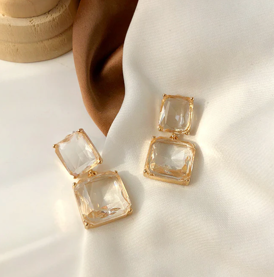 Clean Girl Aesthetic: Clear Crystal & Gold Drop Earrings TASARA