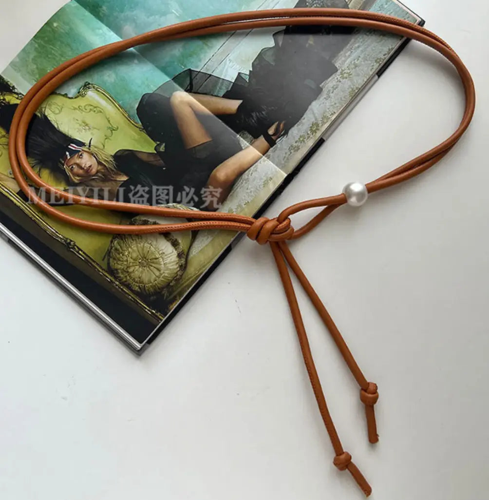 Brown Pearl Detail Skinny Belt TASARA