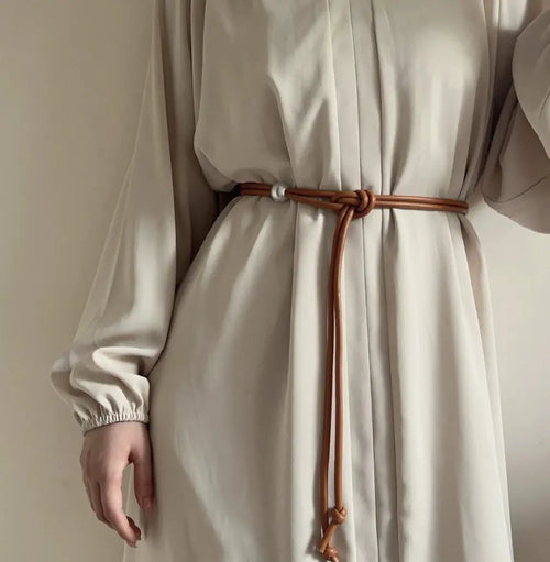 Brown Pearl Detail Skinny Belt TASARA