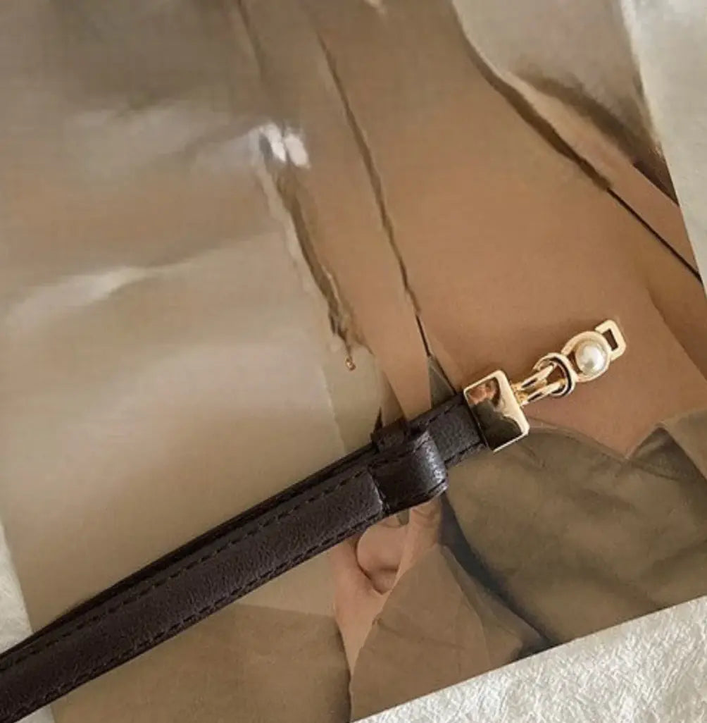 Trendy Minimalist Brown & Gold Belt | Chic Pearl Buckle Accessory TASARA