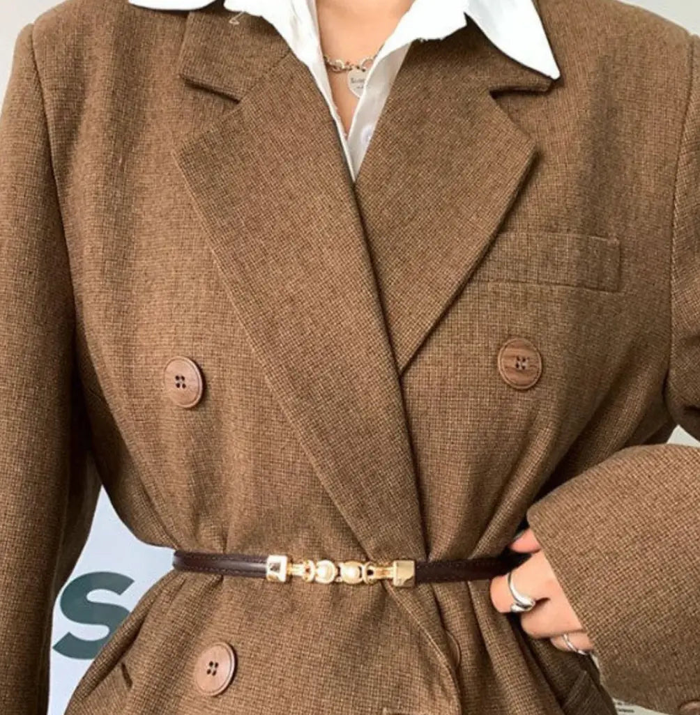 Trendy Minimalist Brown & Gold Belt | Chic Pearl Buckle Accessory TASARA
