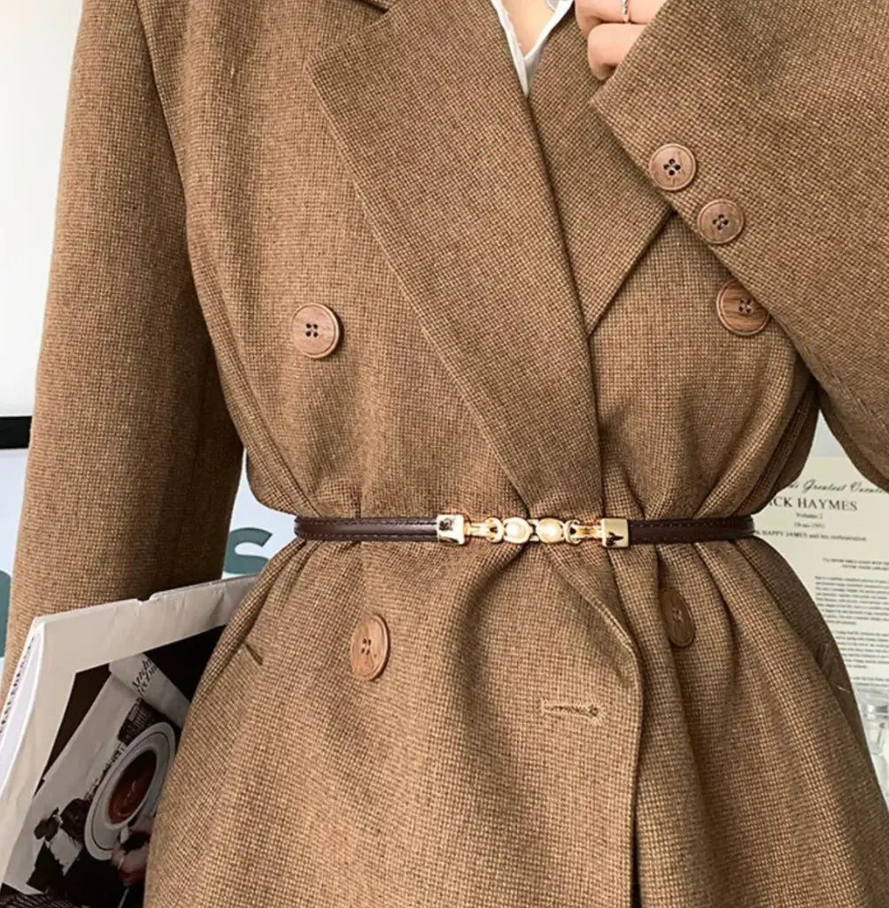 Trendy Minimalist Brown & Gold Belt | Chic Pearl Buckle Accessory TASARA