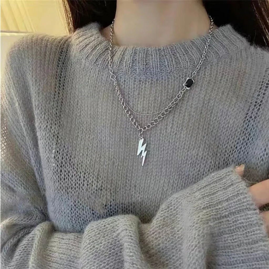 Lightning Bolt Pendant Necklace | Trendy Silver Layered Chain Necklace for Women | Minimalist Stainless Steel Jewelry Gift TASARA