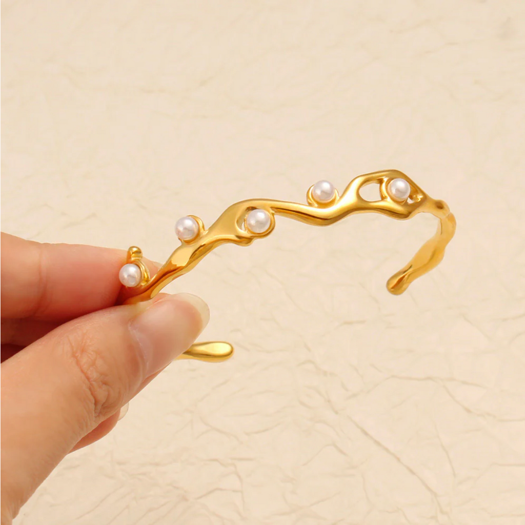 Gold Pearl Cuff Bracelet | Minimalist Open Bangle for Women | Elegant Stainless Steel Bracelet TASARA