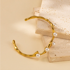 Gold Pearl Cuff Bracelet | Minimalist Open Bangle for Women | Elegant Stainless Steel Bracelet TASARA