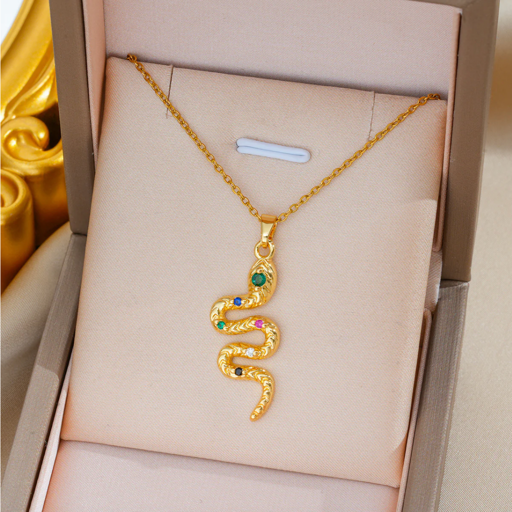 Gold Snake Necklace with Colorful Crystal Pendant | Trendy Serpent Necklace TASARA