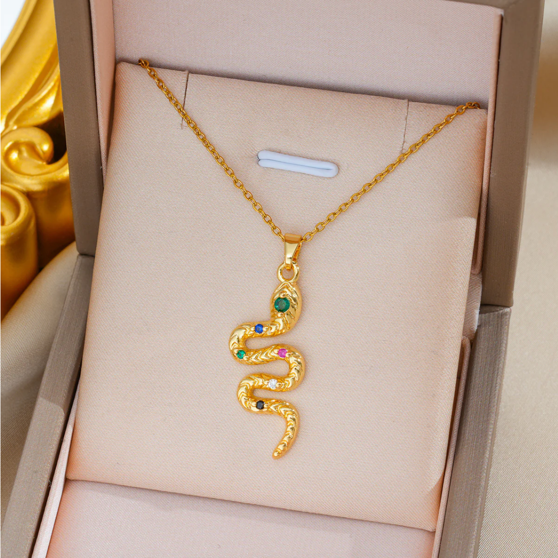 Gold Snake Necklace with Colorful Crystal Pendant | Trendy Serpent Necklace TASARA