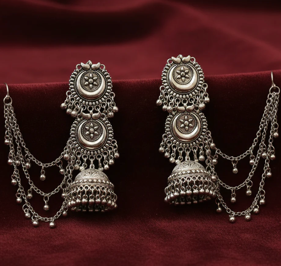 Vintage Oxidized Jhumka Ear Cuff Earrings with Hair Chain | Boho Indian Statement Jewelry TASARA
