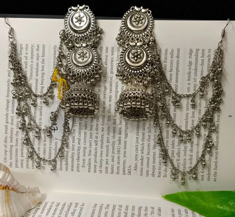 Vintage Oxidized Jhumka Ear Cuff Earrings with Hair Chain | Boho Indian Statement Jewelry TASARA