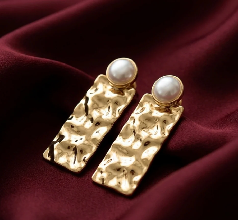 Gold Pearl Statement Earrings | Hammered Rectangle Drop Earrings | Minimalist Luxury Jewelry TASARA