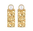 Gold Pearl Statement Earrings | Hammered Rectangle Drop Earrings | Minimalist Luxury Jewelry TASARA