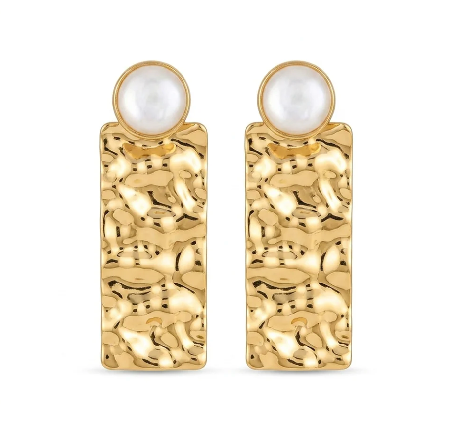 Gold Pearl Statement Earrings | Hammered Rectangle Drop Earrings | Minimalist Luxury Jewelry TASARA